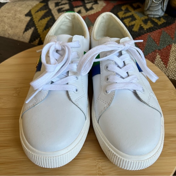 Lauren Ralph Lauren Jason II White Cow Leather Sneakers Blue/Green Stripes US8 - Picture 12 of 15